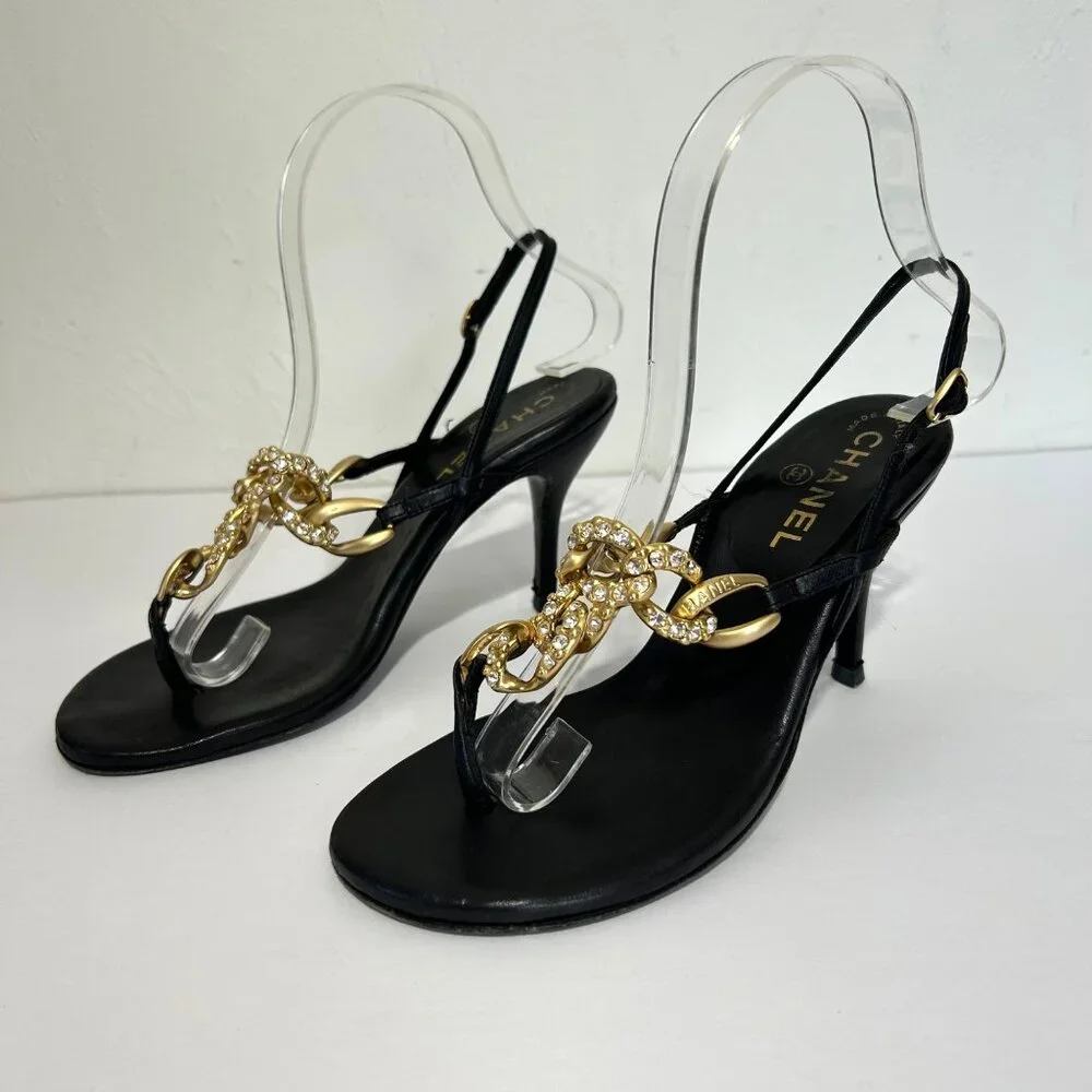 Chanel Sz 36 Black Leather Slingback Heels With Gold Chain Rhinestone Detail